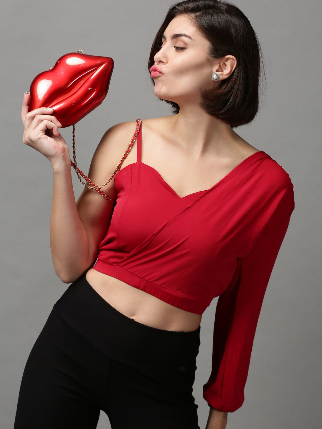 Women's Red Layered Crepe Wrap Crop Top