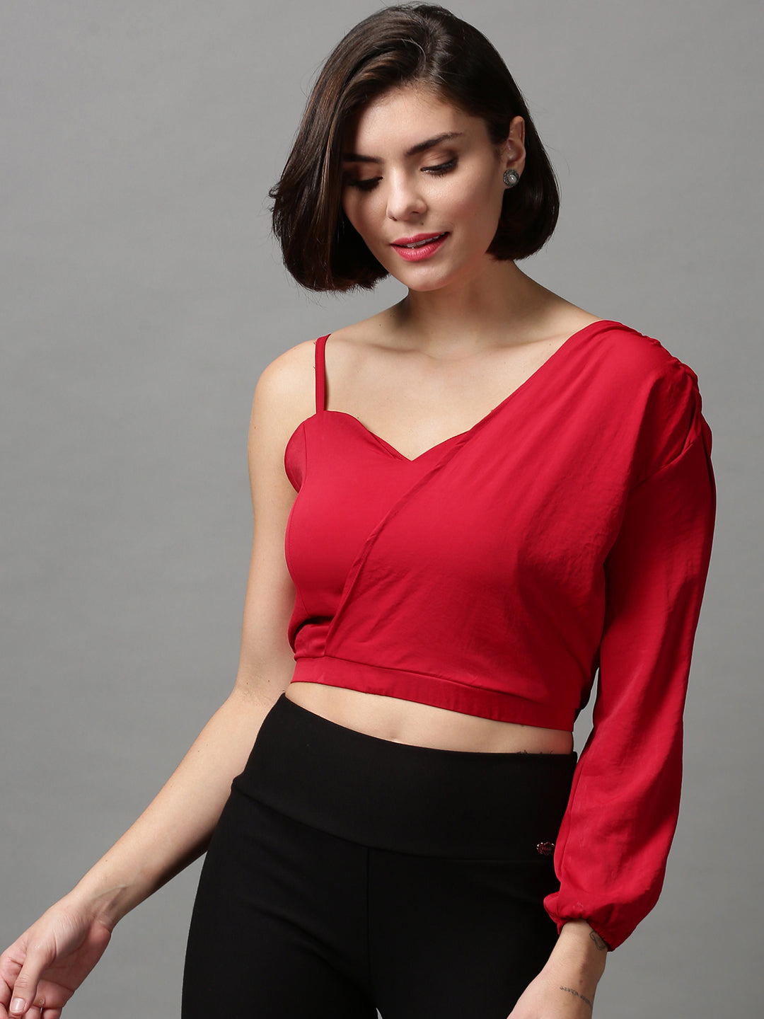 Women's Red Layered Crepe Wrap Crop Top