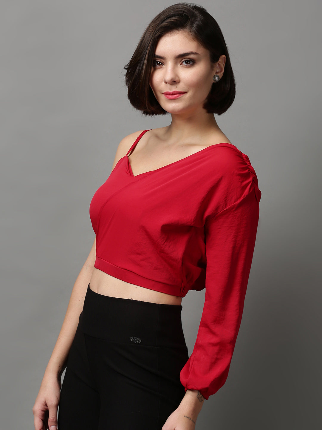 Women's Red Layered Crepe Wrap Crop Top