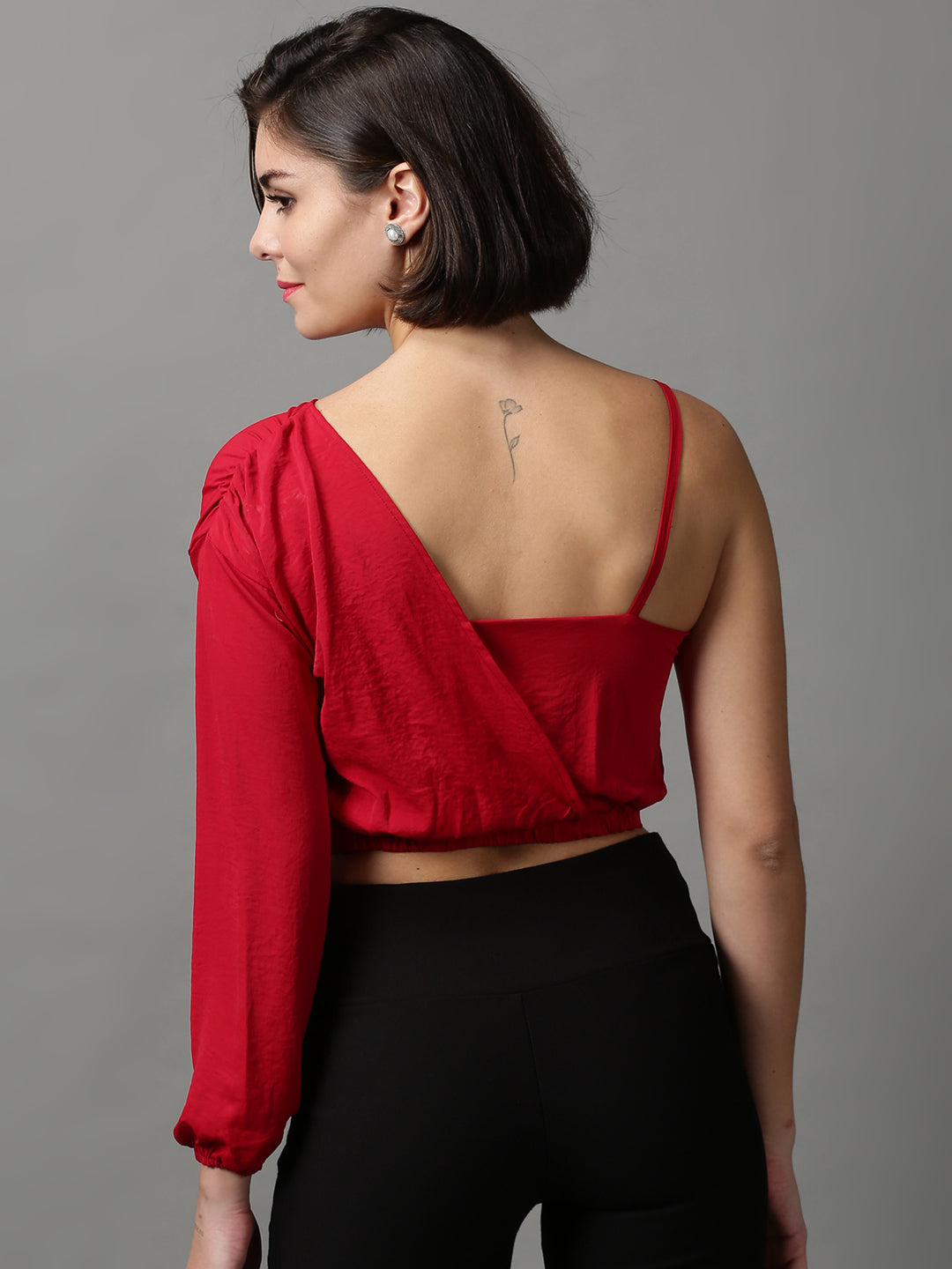 Women's Red Layered Crepe Wrap Crop Top