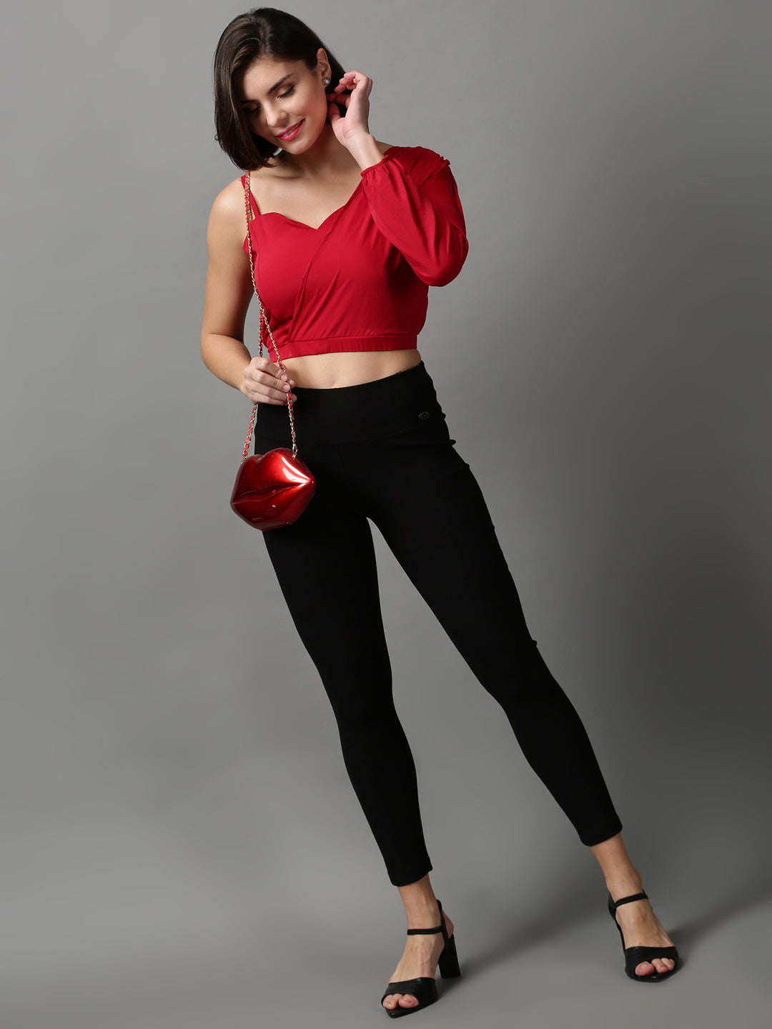 Women's Red Layered Crepe Wrap Crop Top