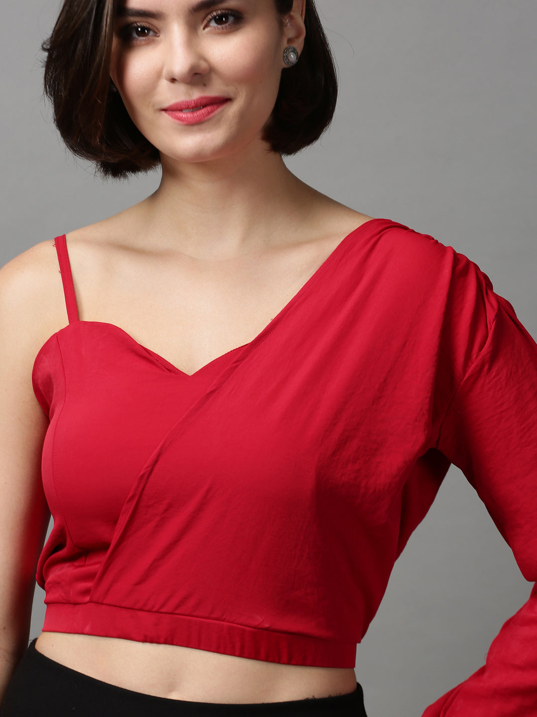 Women's Red Layered Crepe Wrap Crop Top