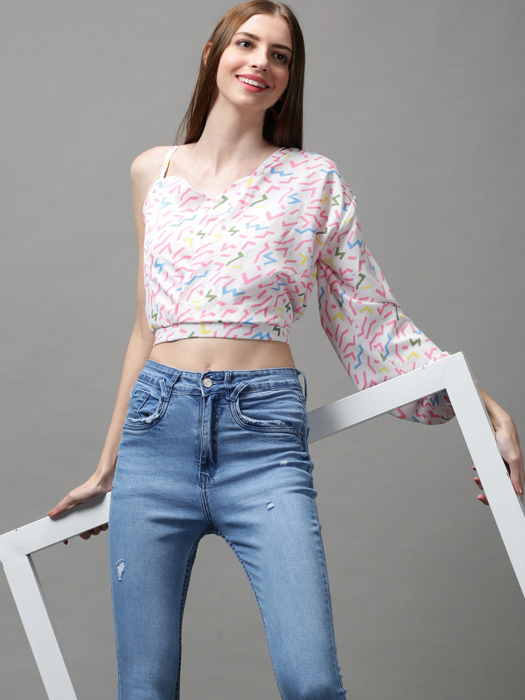 Women's White Printed Crop Top