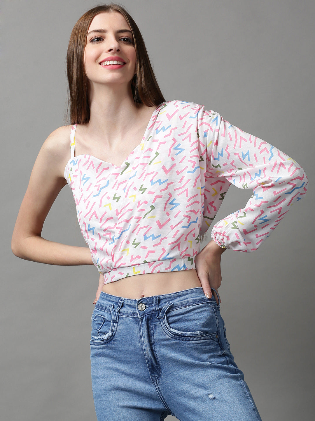 Women's White Printed Crop Top