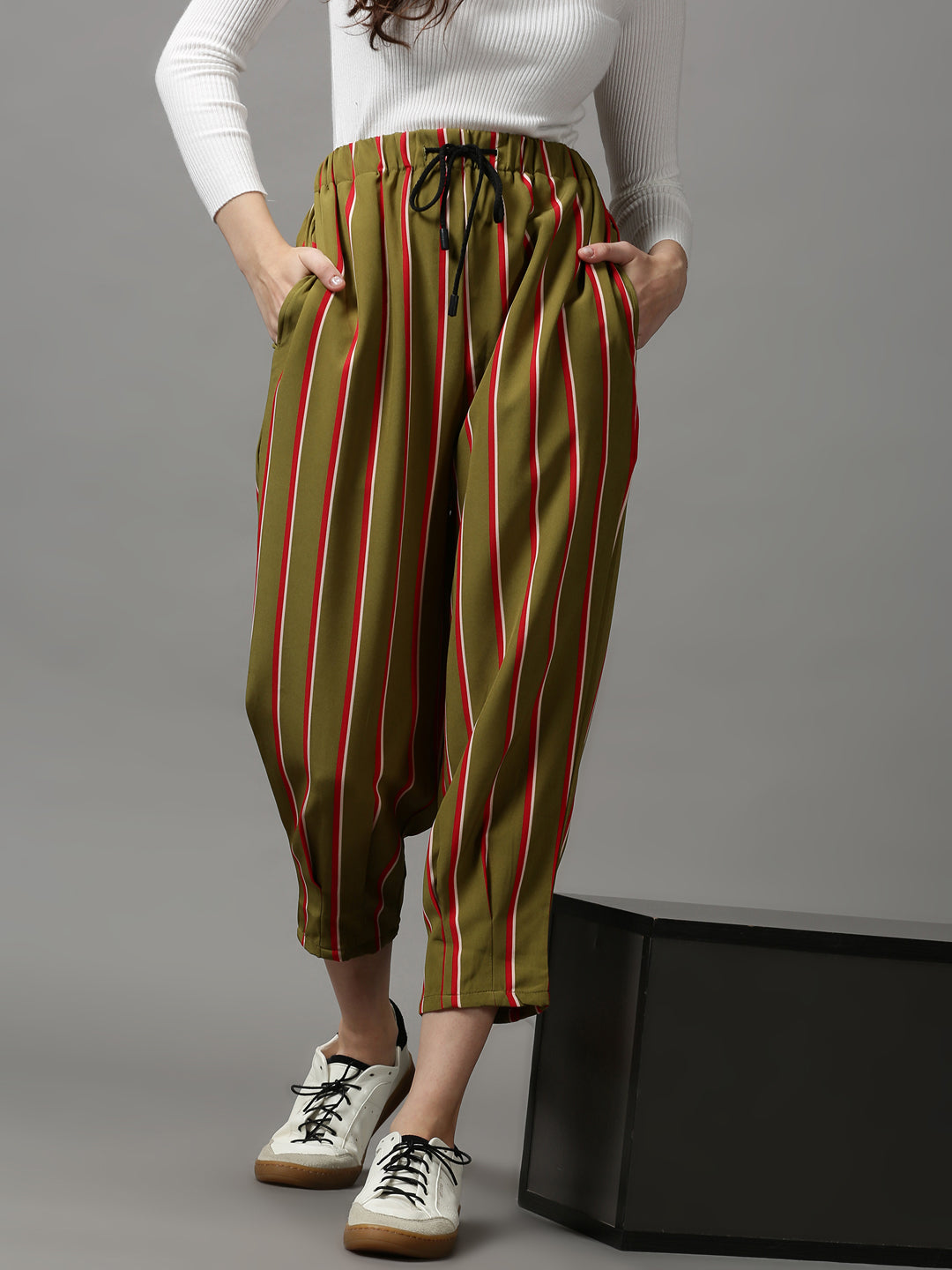 Women's Olive Striped Trouser