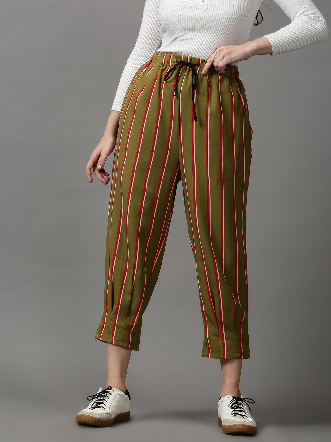 Women's Olive Striped Trouser