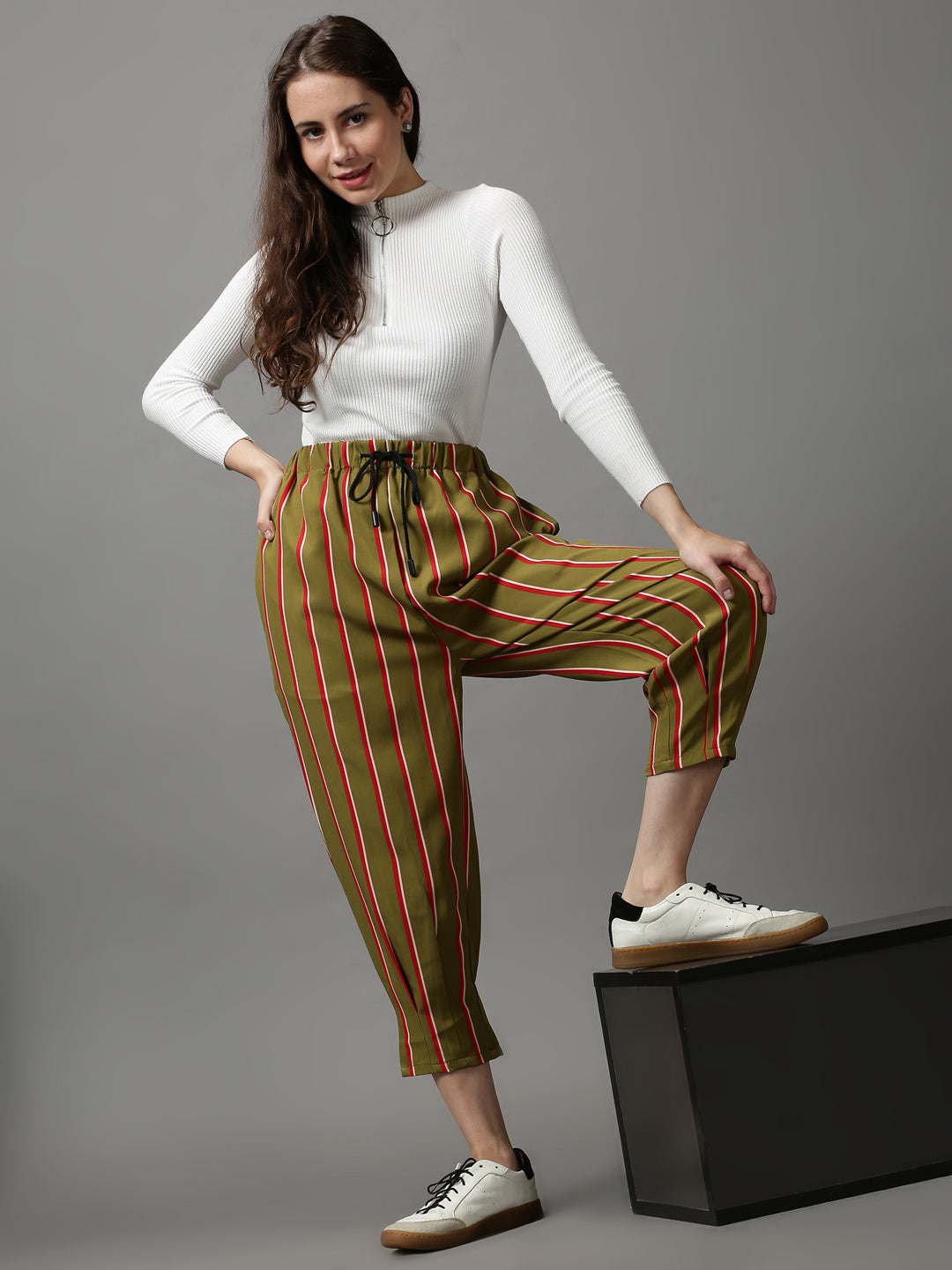 Women's Olive Striped Trouser