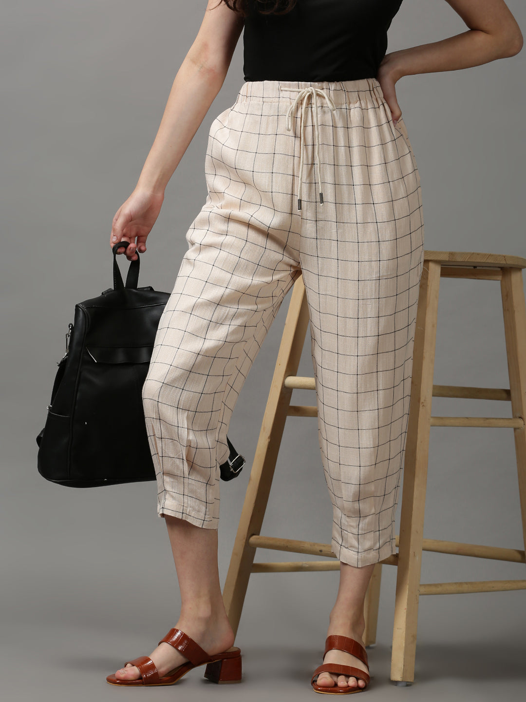 Women's Cream Checked Trouser