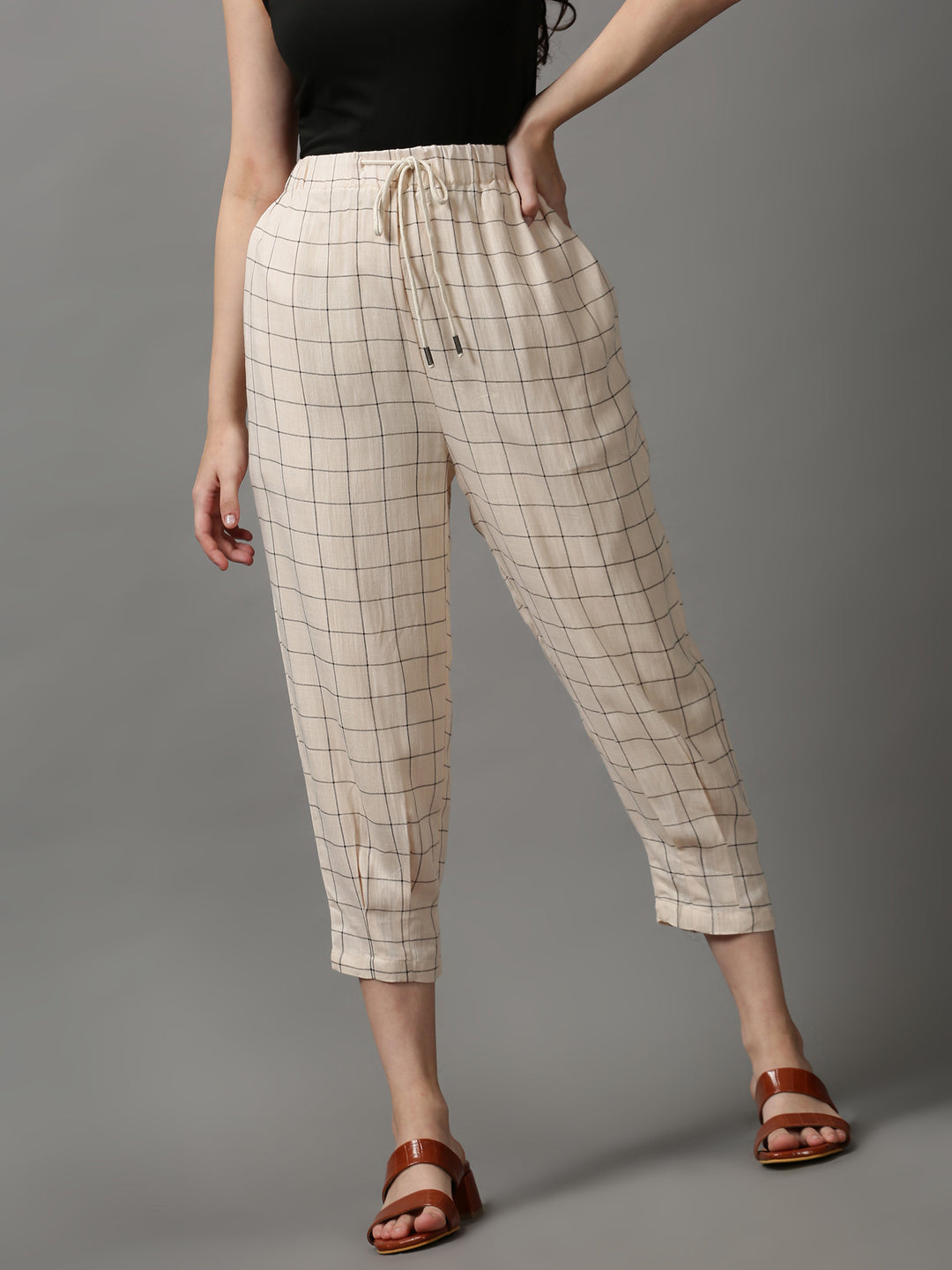 Women's Cream Checked Trouser