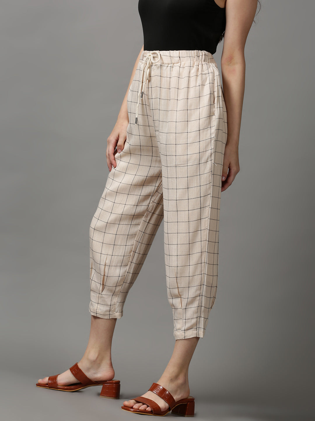 Women's Cream Checked Trouser