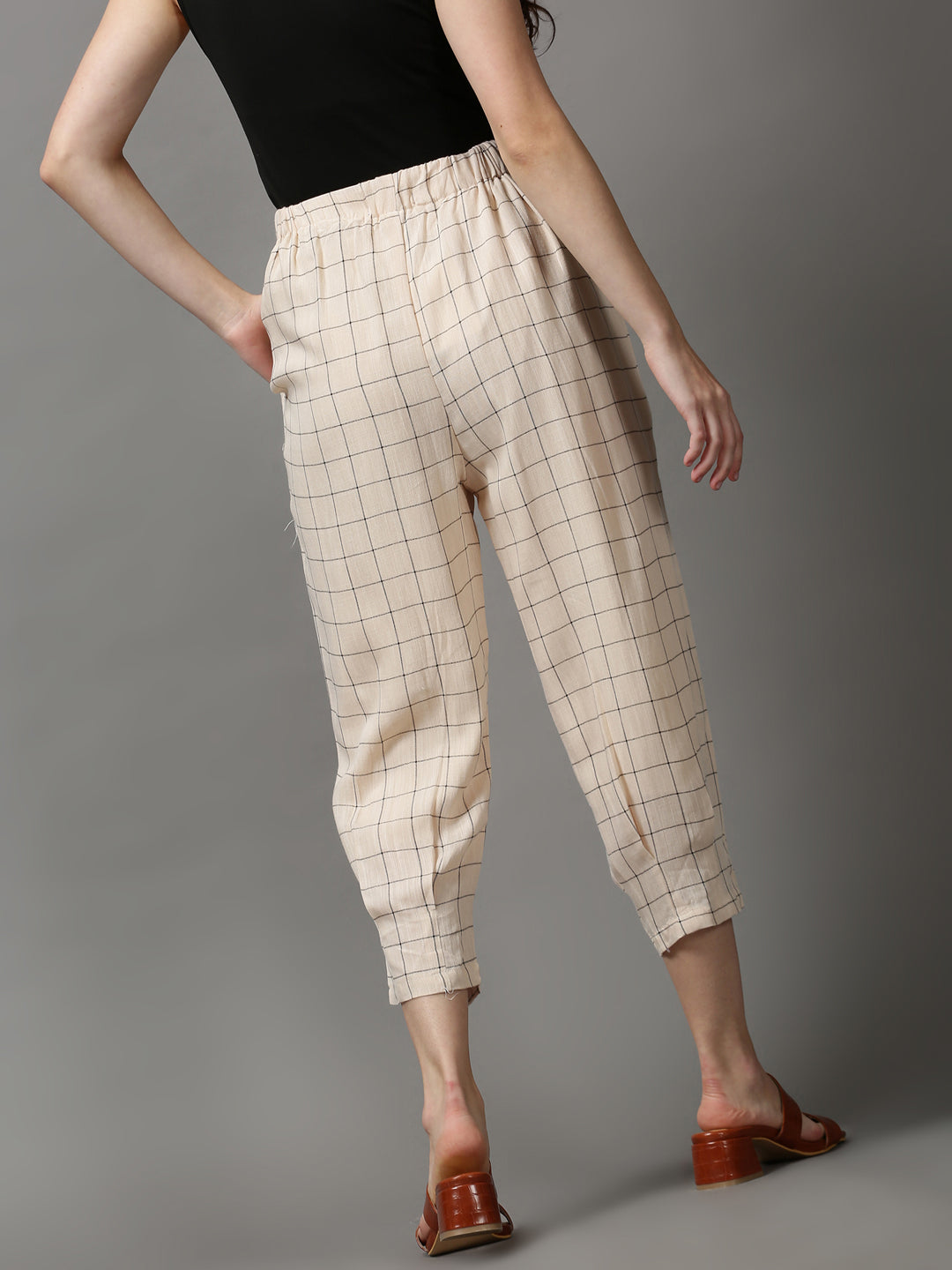 Women's Cream Checked Trouser