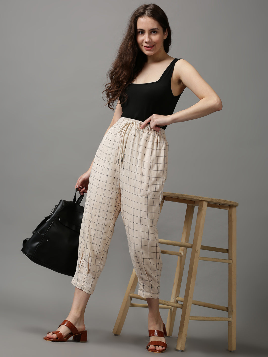 Women's Cream Checked Trouser