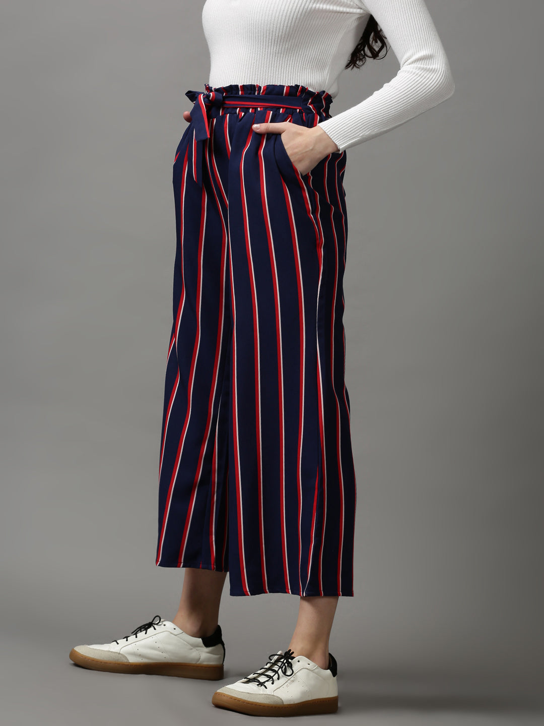 Women's Navy Blue Striped Parallel Trouser