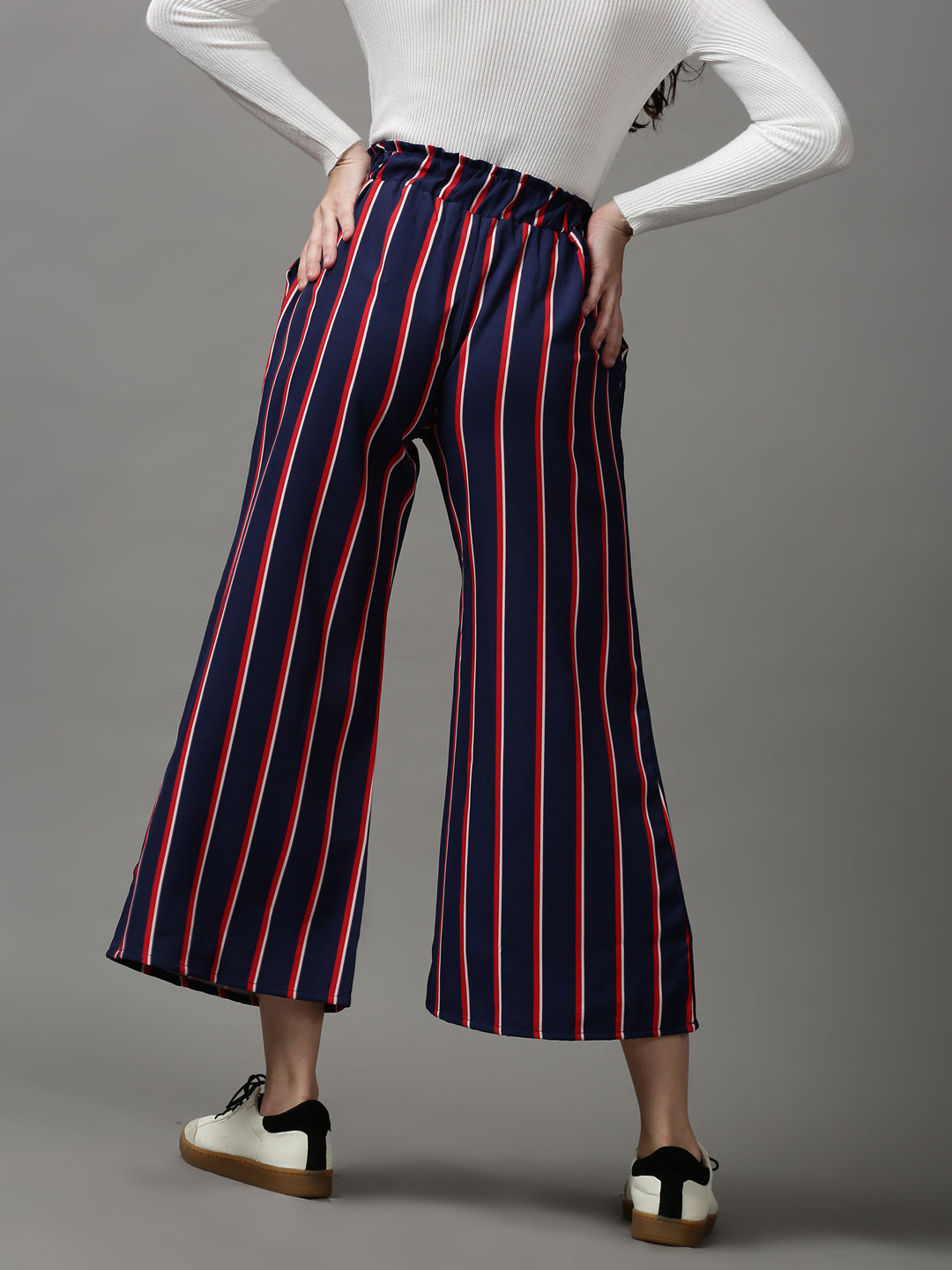 Women's Navy Blue Striped Parallel Trouser