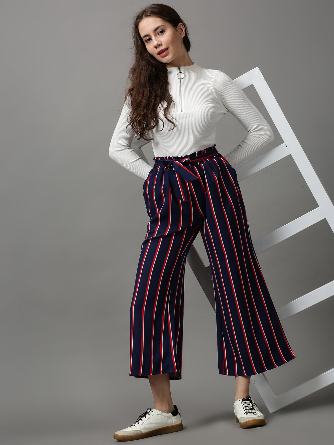 Women's Navy Blue Striped Parallel Trouser