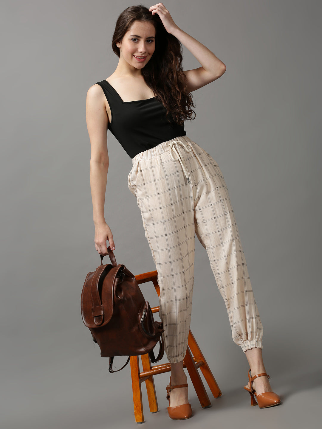 Women's Cream Checked Jogger