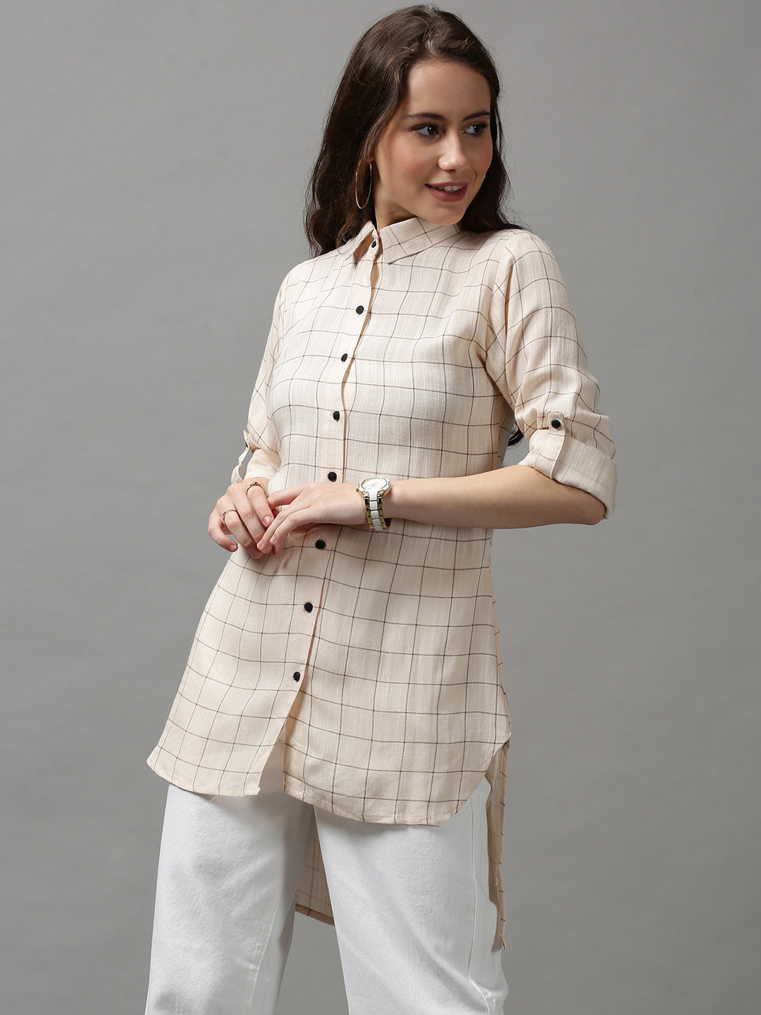 Women's Beige Checked Longline Shirt