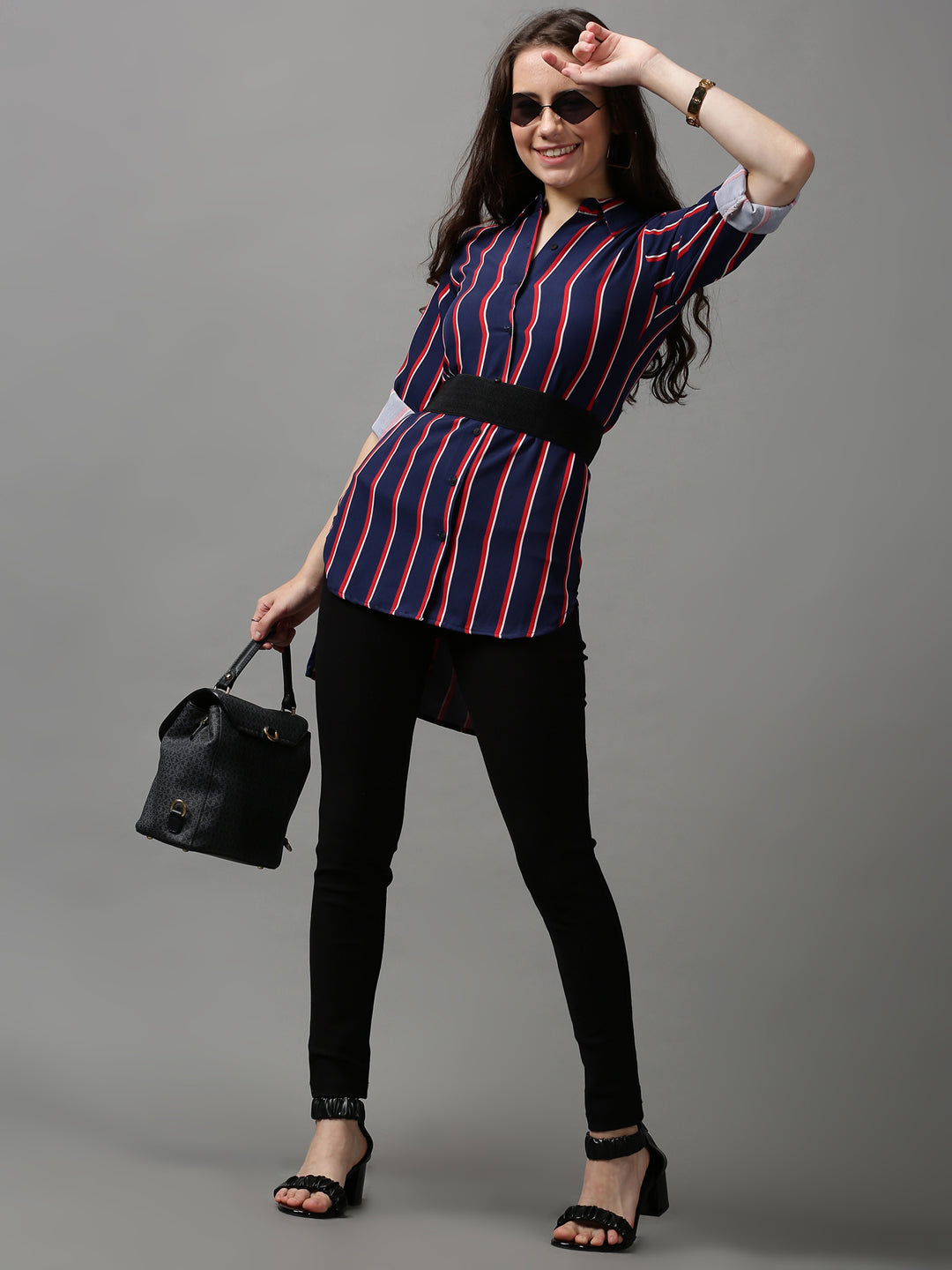 Women's Blue Striped Longline Shirt