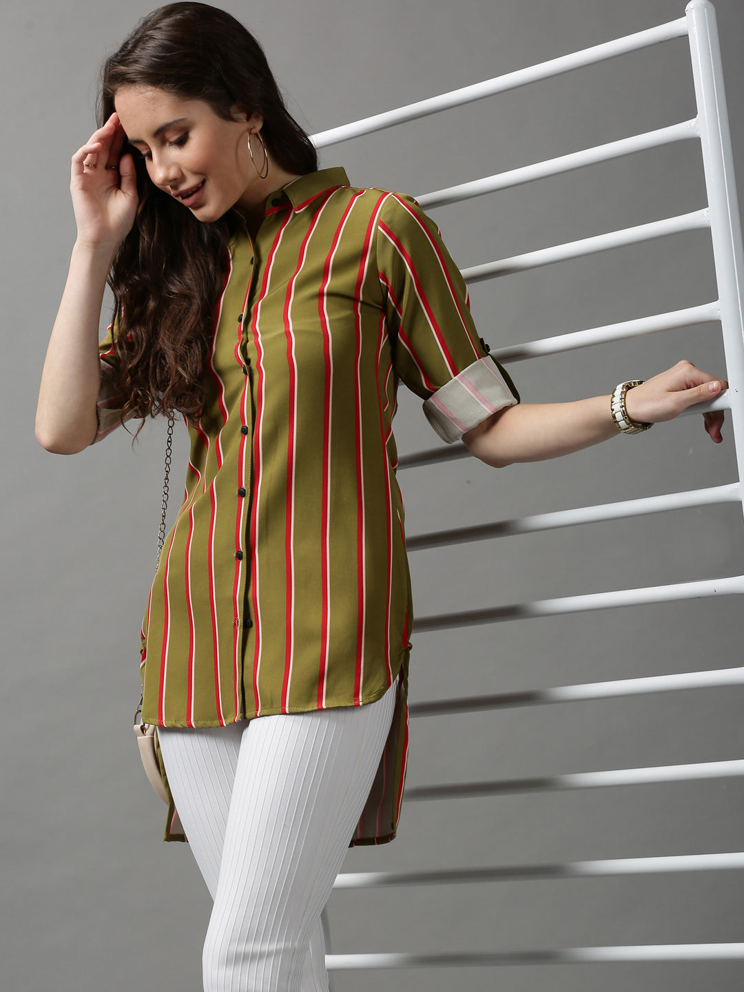 Women's Green Striped Longline Shirt