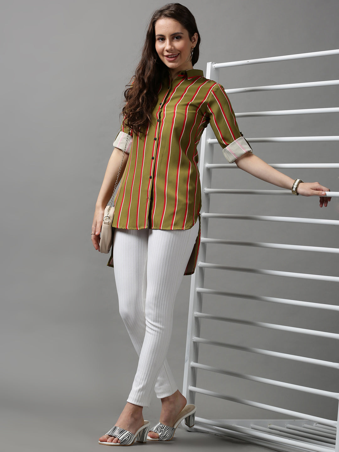 Women's Green Striped Longline Shirt