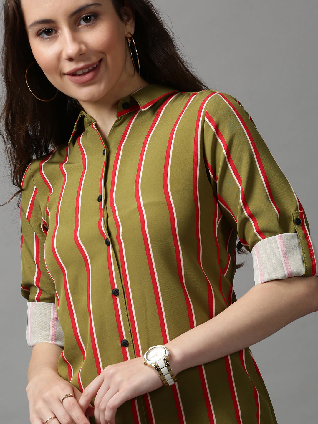 Women's Green Striped Longline Shirt