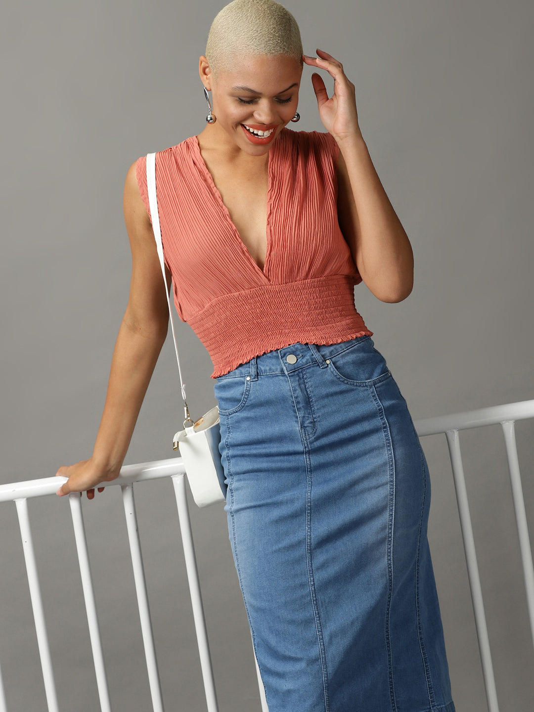 Women's Orange Solid Cinched Waist Crop Top