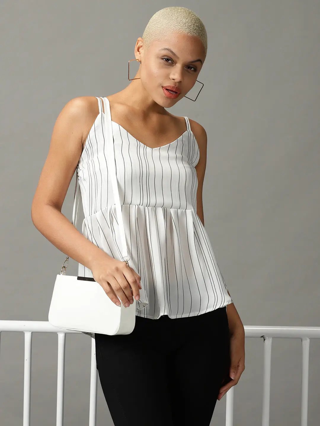 Women's White Striped Peplum Top