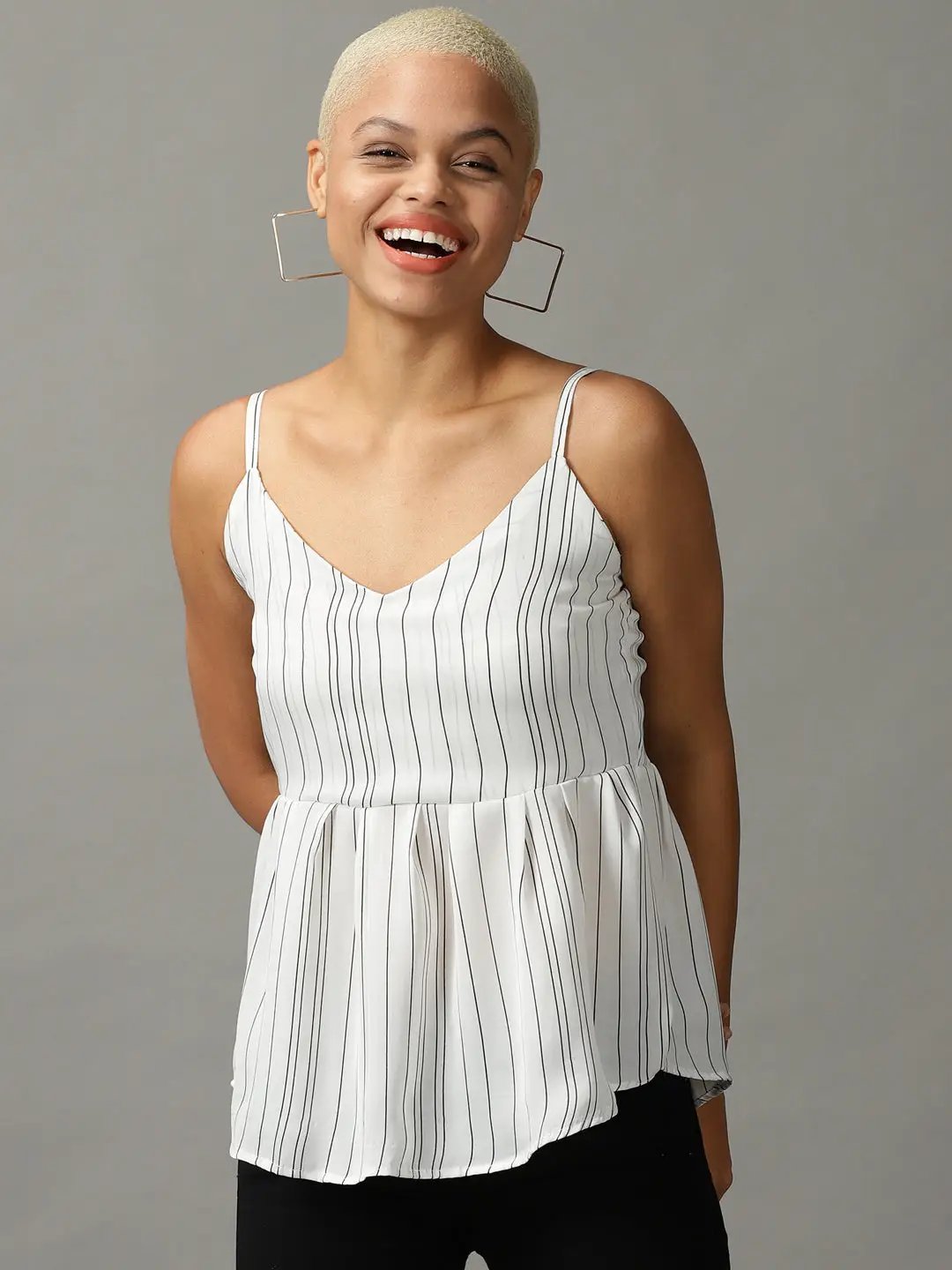 Women's White Striped Peplum Top