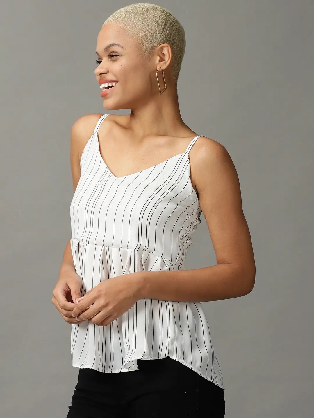 Women's White Striped Peplum Top