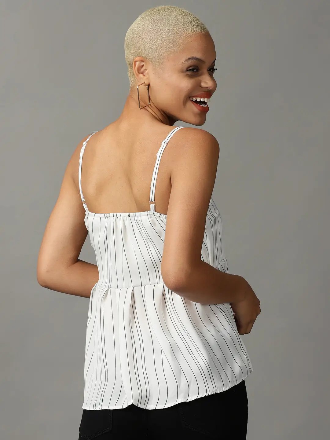 Women's White Striped Peplum Top