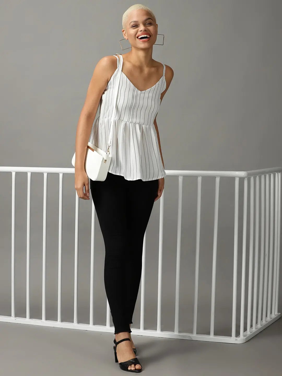 Women's White Striped Peplum Top