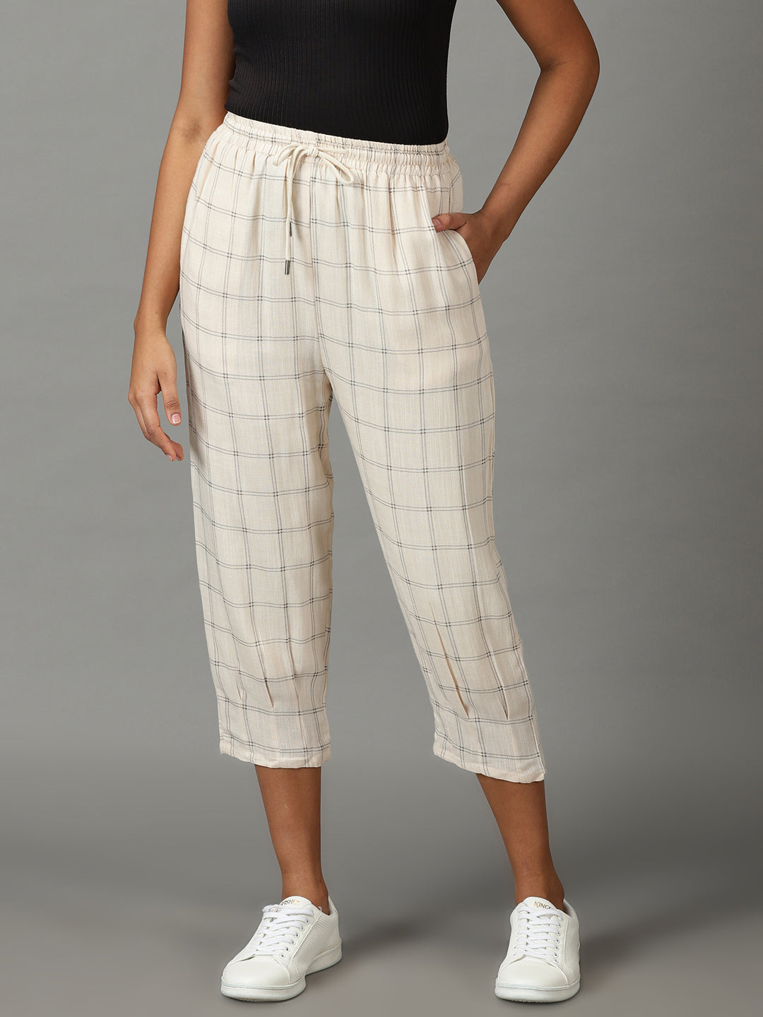 Women's Cream Checked Trouser