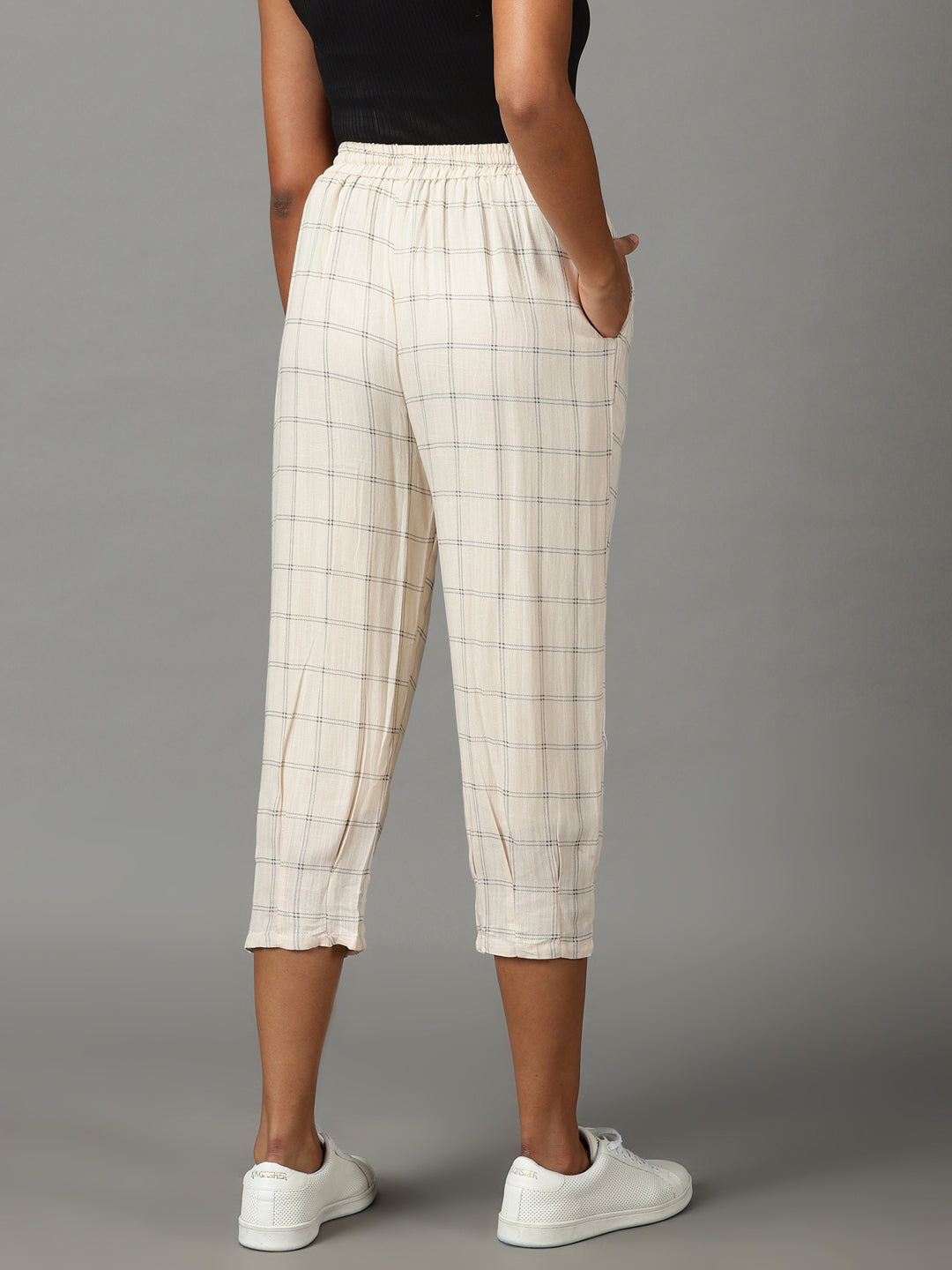 Women's Cream Checked Trouser