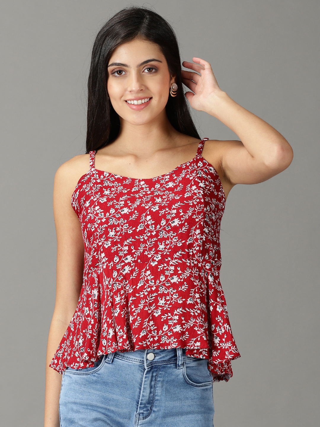 Women's Red Printed Peplum Top