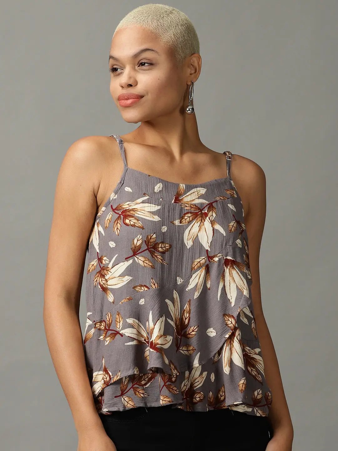 Women's Grey Printed Wrap Top