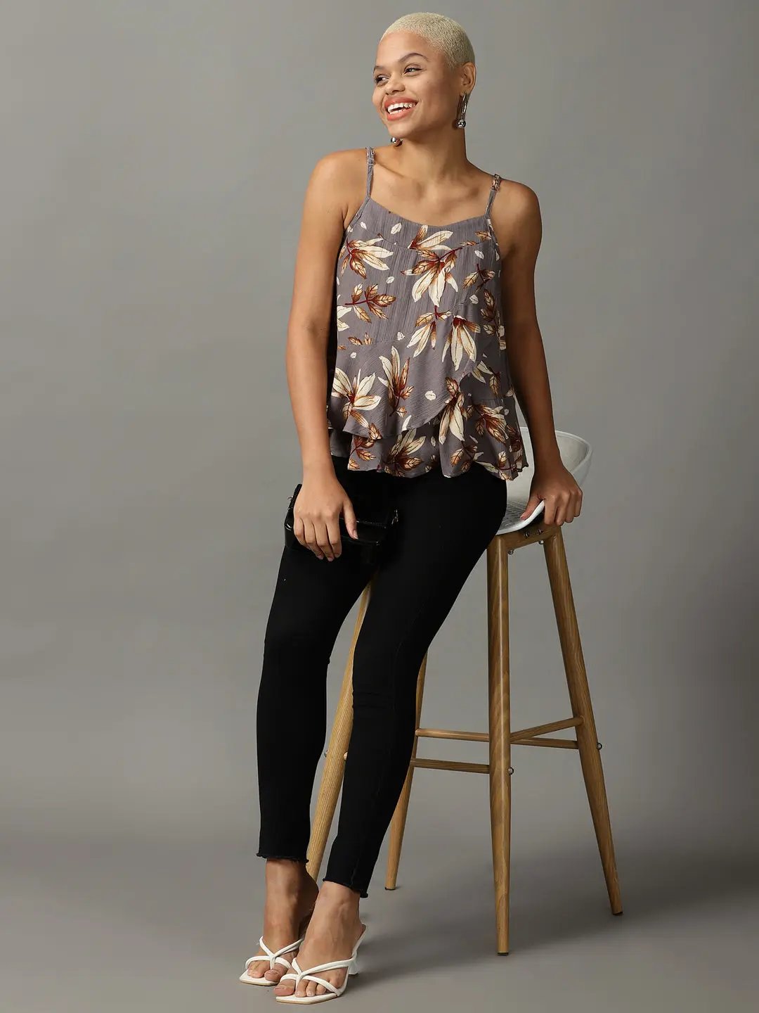 Women's Grey Printed Wrap Top