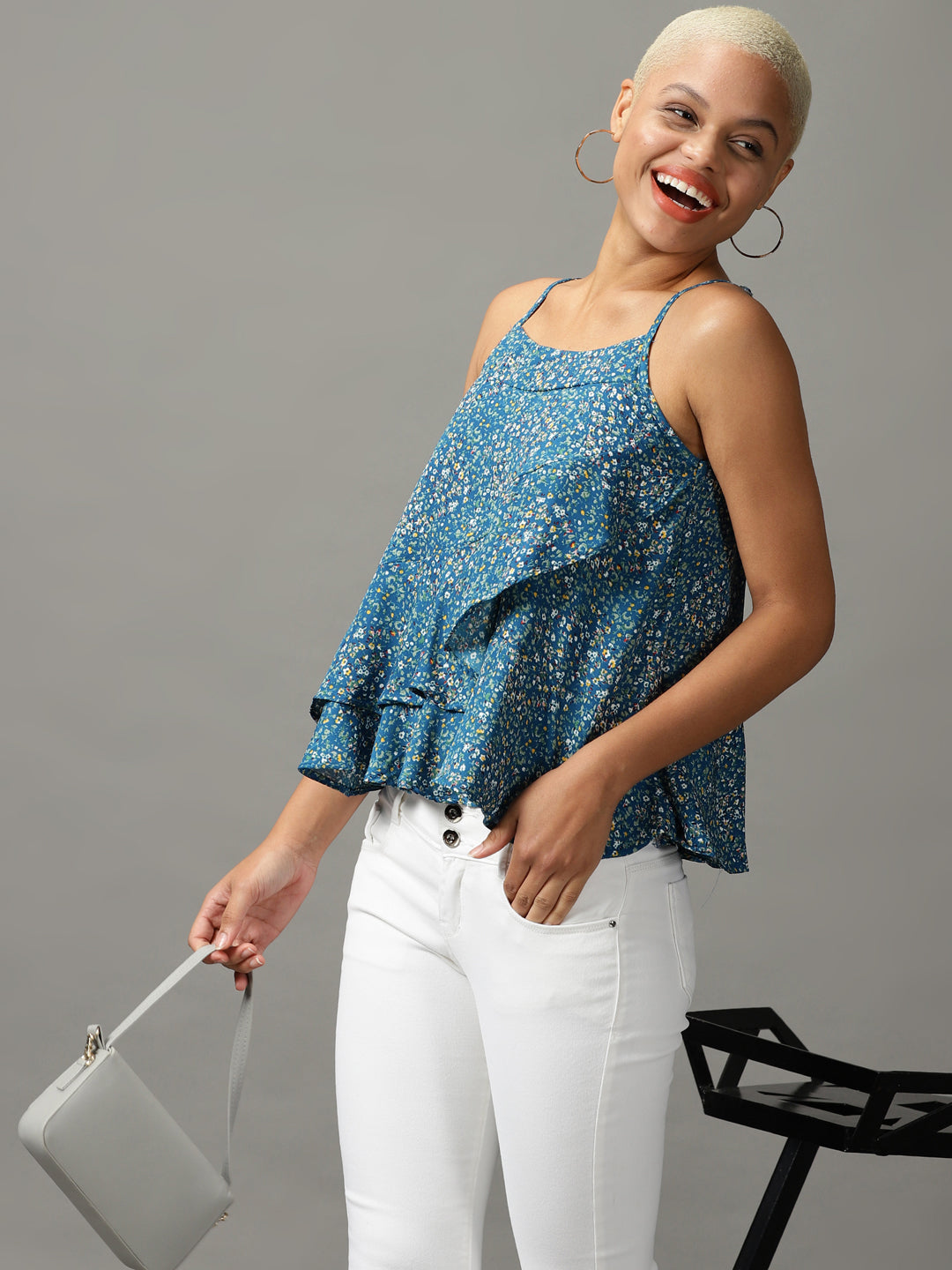 Women's Blue Printed Wrap Top