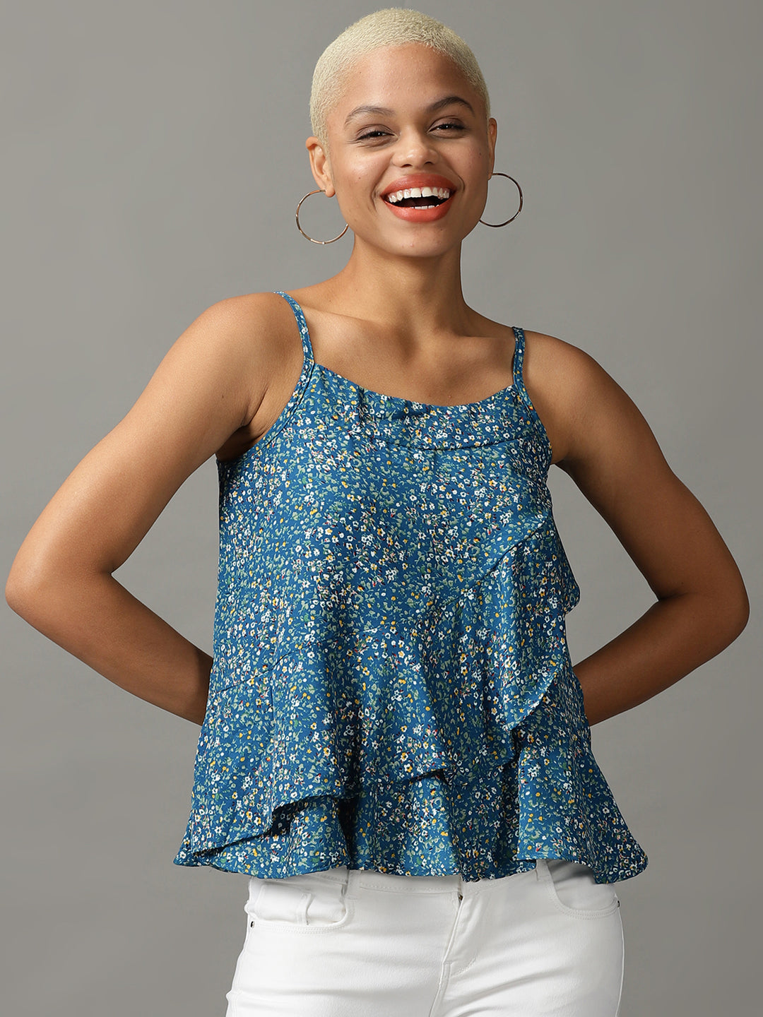 Women's Blue Printed Wrap Top