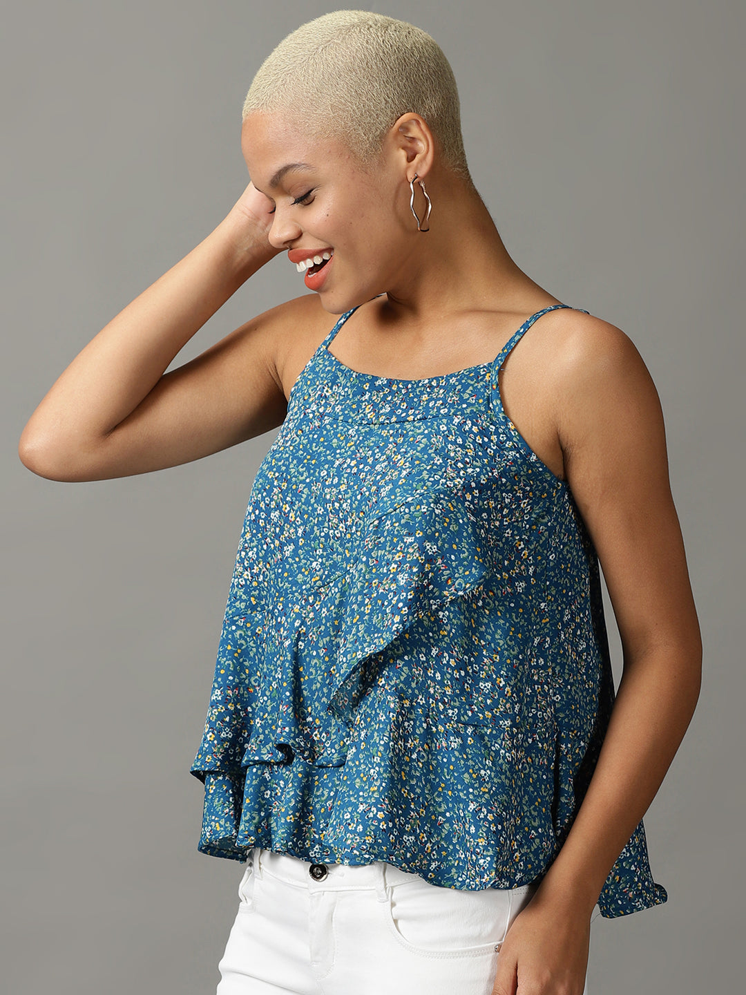 Women's Blue Printed Wrap Top