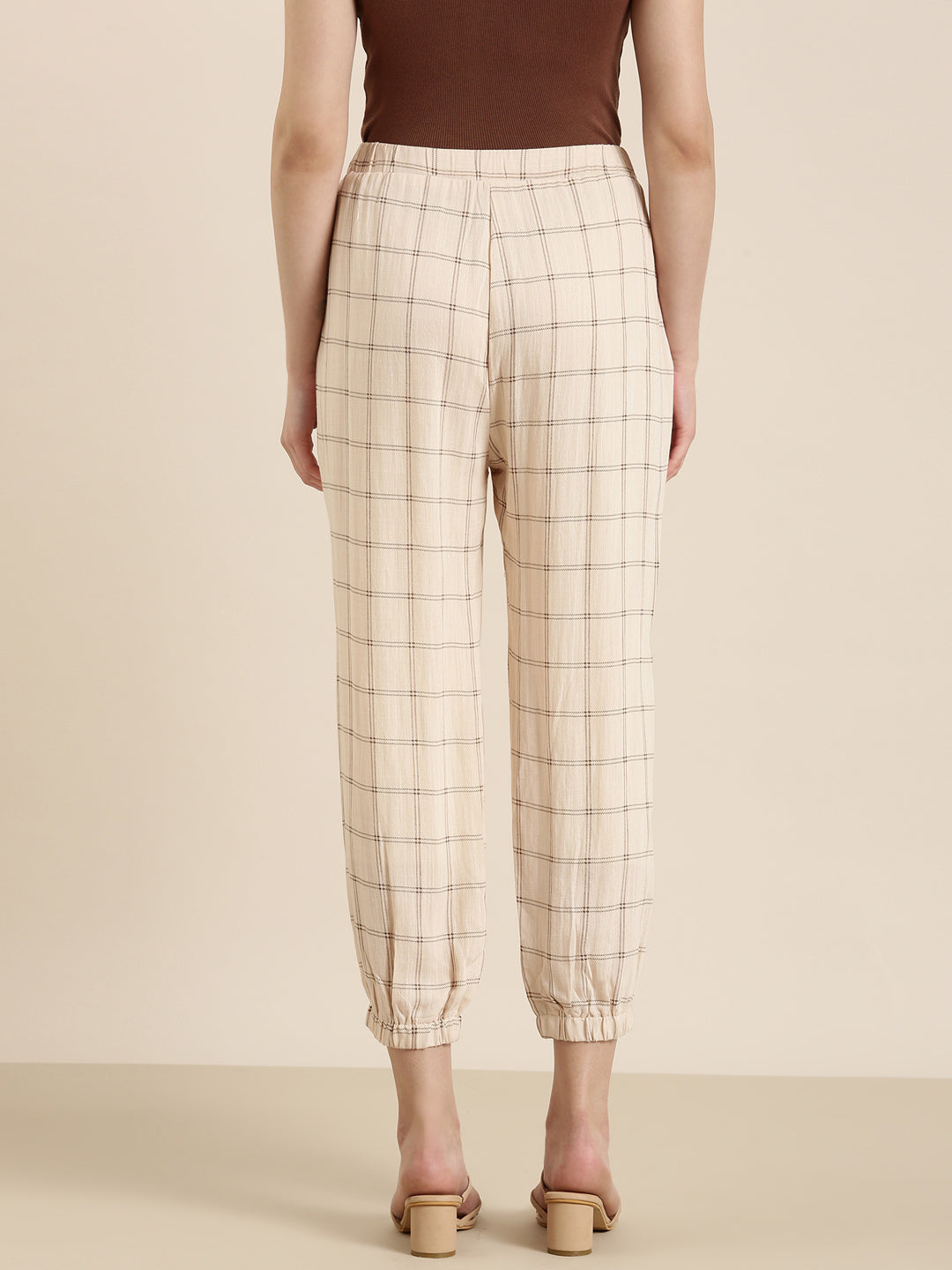 Women Cream Checked Jogger