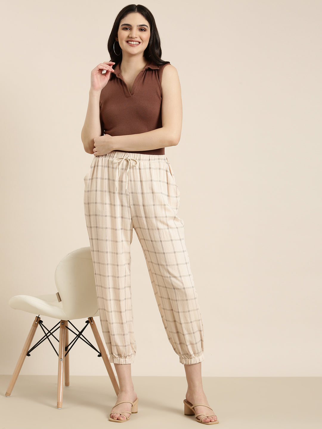 Women Cream Checked Jogger