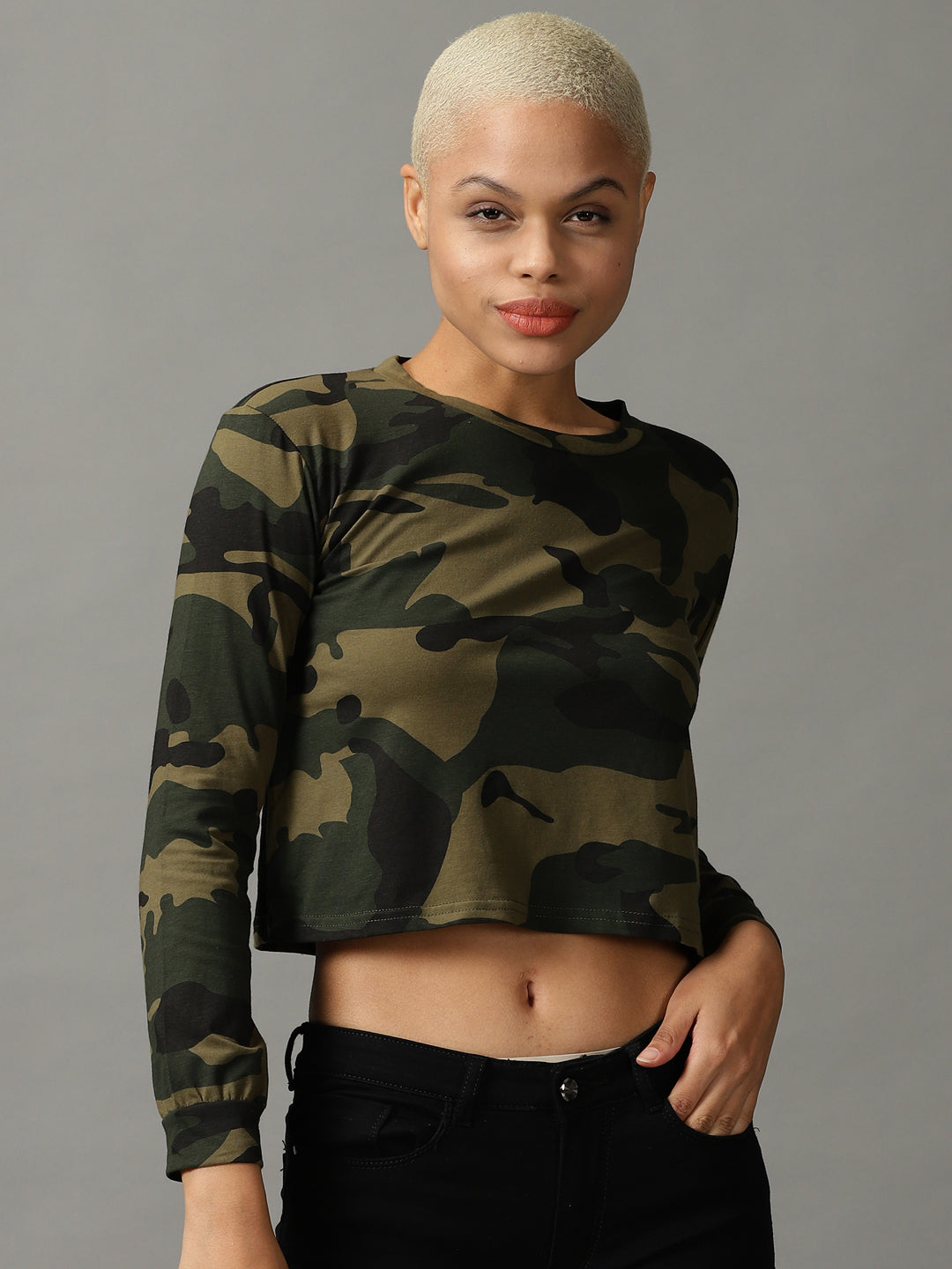 Women's Green Printed Crop Top