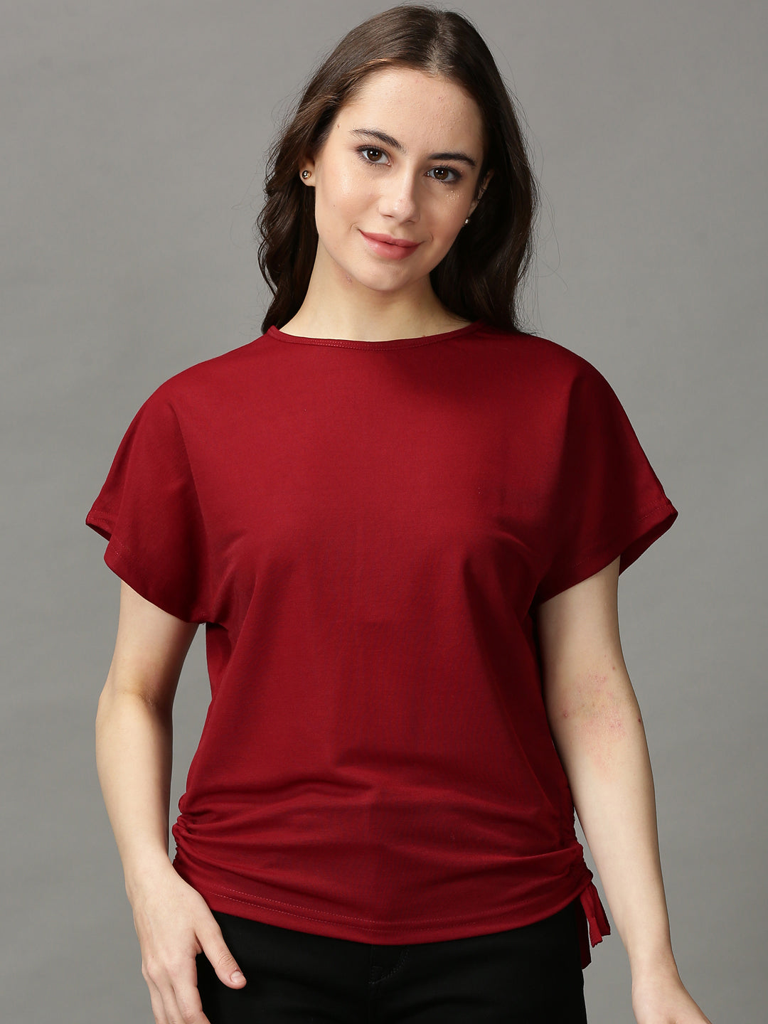 Women's Red Solid Boxy Top