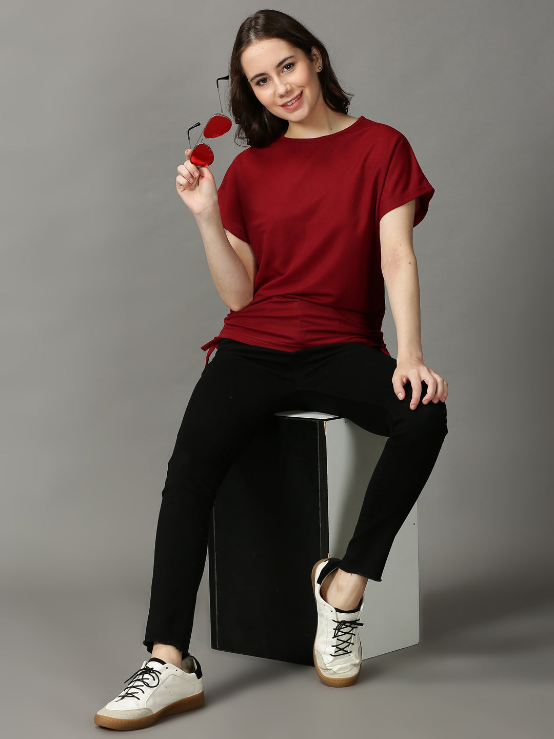 Women's Red Solid Boxy Top