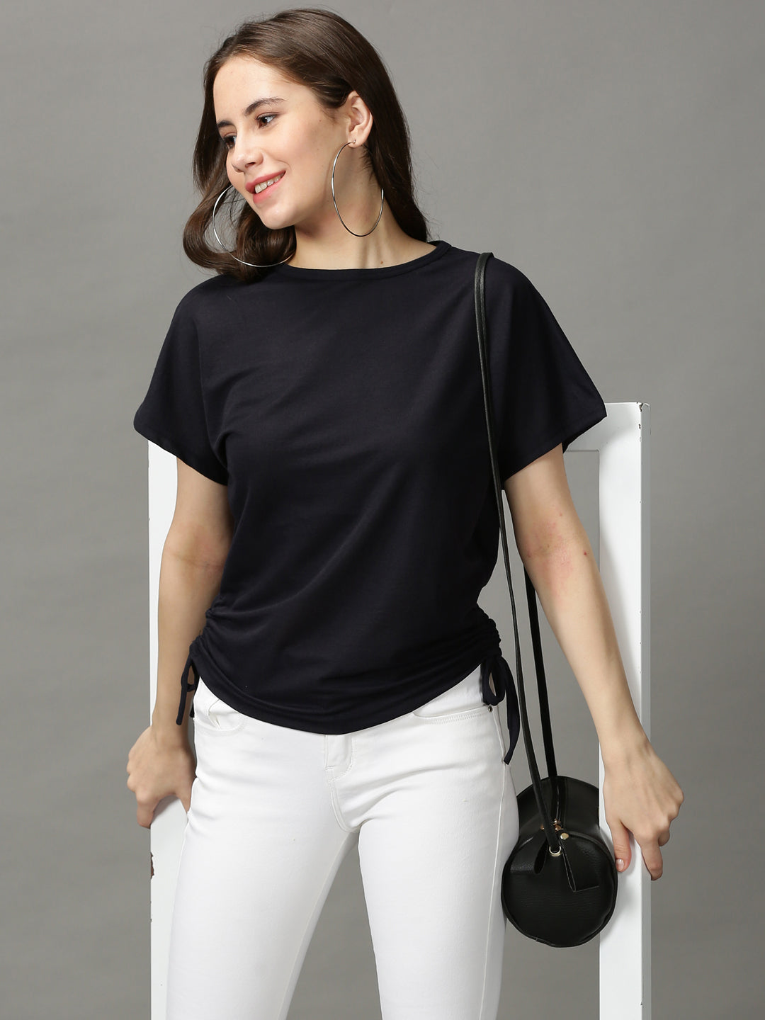 Women's Navy Blue Solid Boxy Top