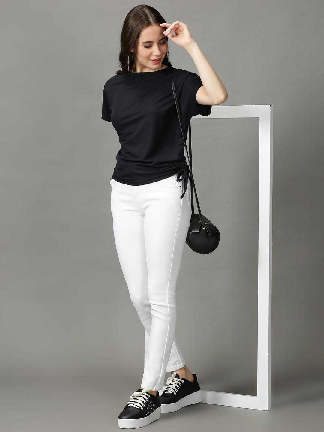 Women's Navy Blue Solid Boxy Top