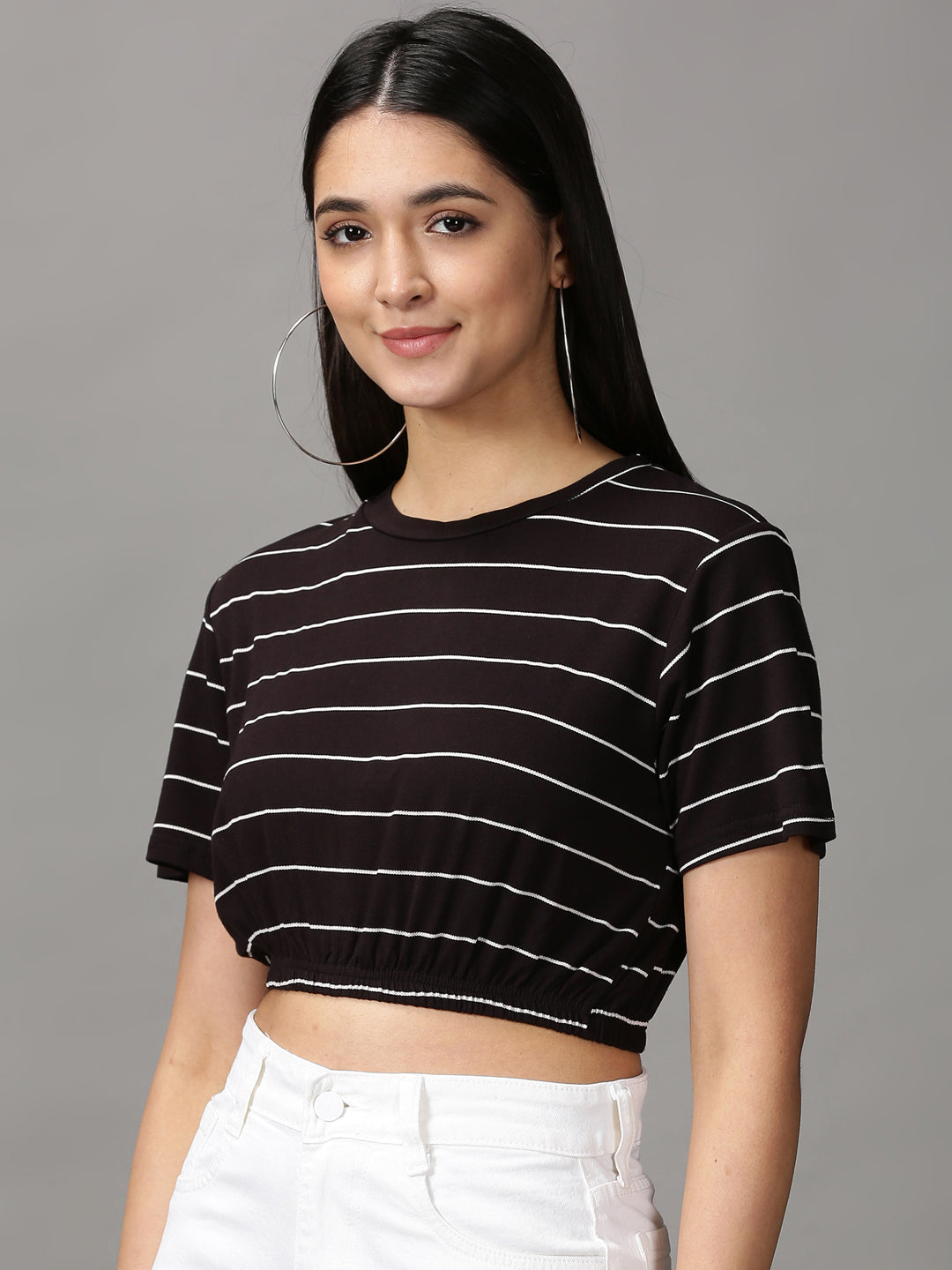 Women's Black Striped Cinched Waist Crop Top