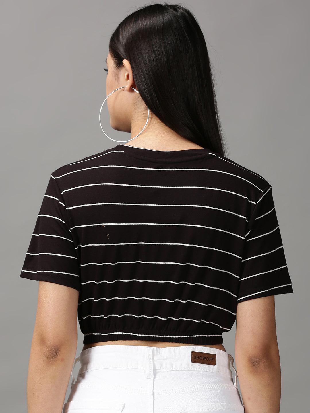 Women's Black Striped Cinched Waist Crop Top