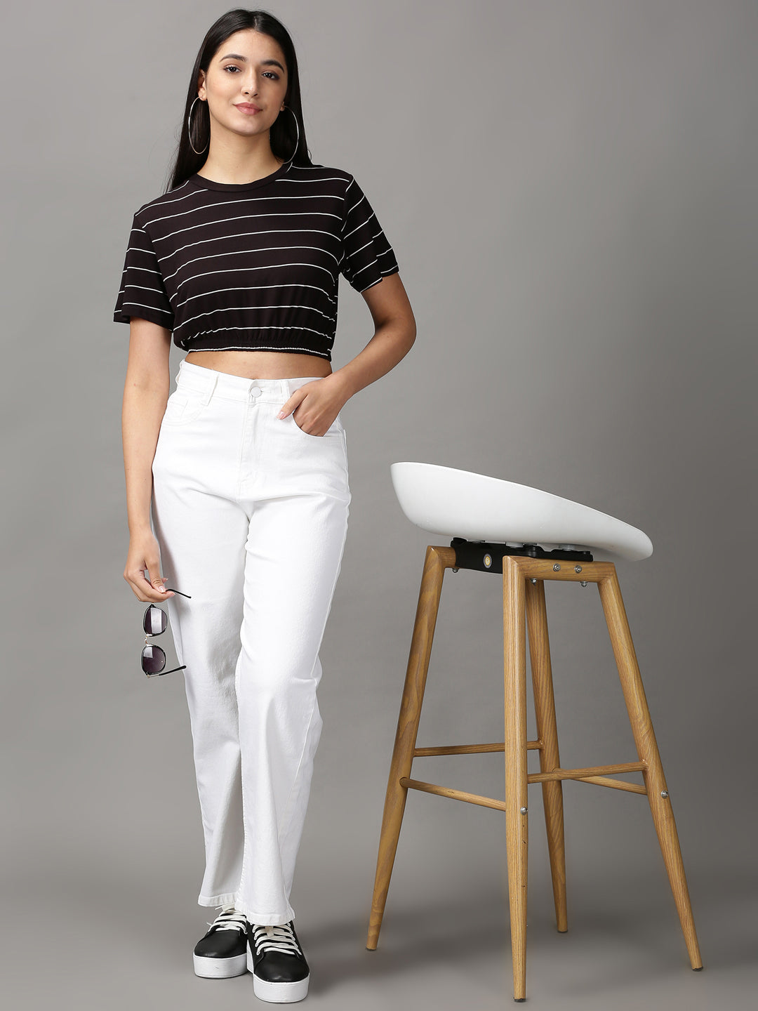 Women's Black Striped Cinched Waist Crop Top