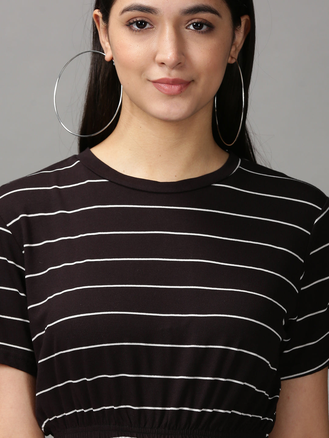 Women's Black Striped Cinched Waist Crop Top